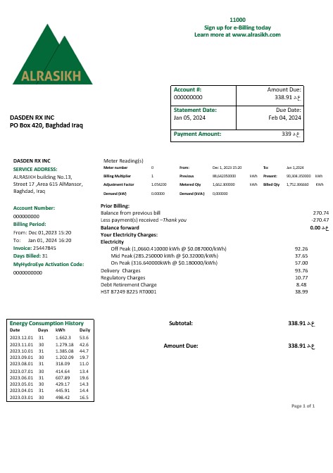 Iraq AlRasikh electricity business utility bill template in Word and PDF format